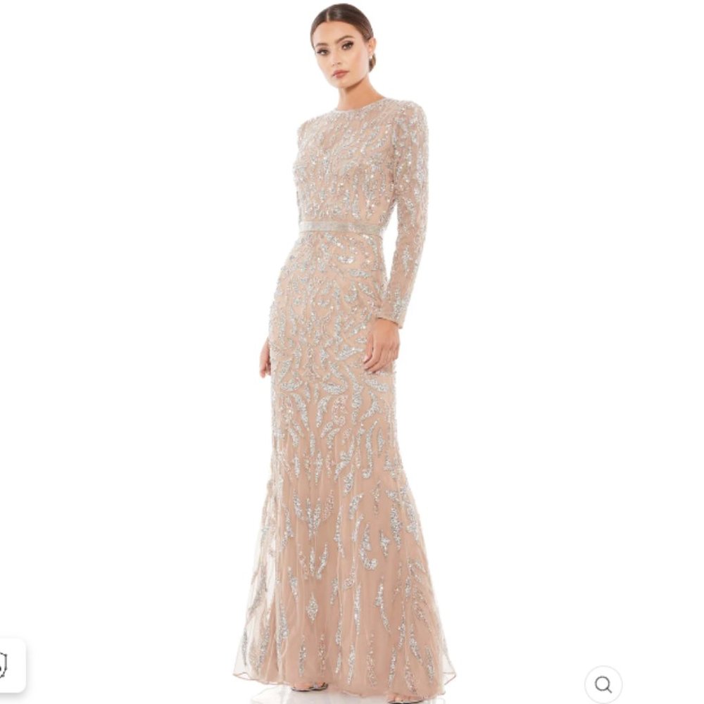 Mac Duggal Nude Beaded Long-Sleeve Maxi Gown
